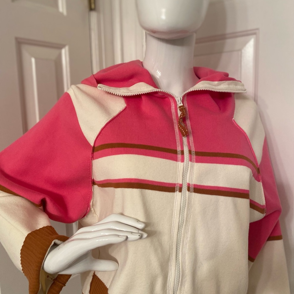 Free People Pink and Cream Cropped Zipper Hoodie size Small